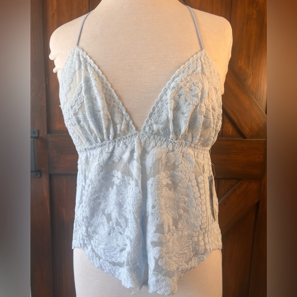 Flora Nikrooz Lace Spaghetti Strap Babydoll‎ Cami Top in Light Blue Women's S